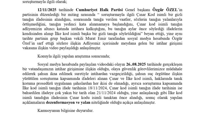 Özgür Özel’in Gizli Tanık İddialarına Başsavcılıktan Net Yanıt: Açıklamalar Dezenformasyon ve Yalan Niteliğindedir