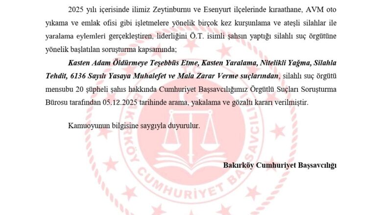  Bakırköy Cumhuriyet Başsavcılığı’ndan Silahlı Suç Örgütüne Büyük Operasyon