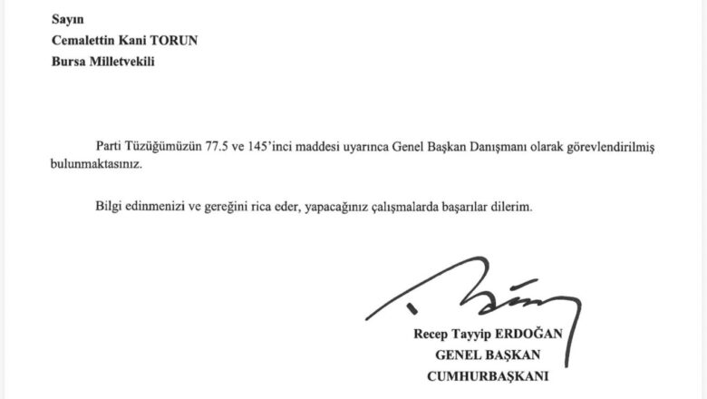  Bursa Milletvekili Cemalettin Kani Torun AK Parti Genel Başkan Danışmanı Oldu